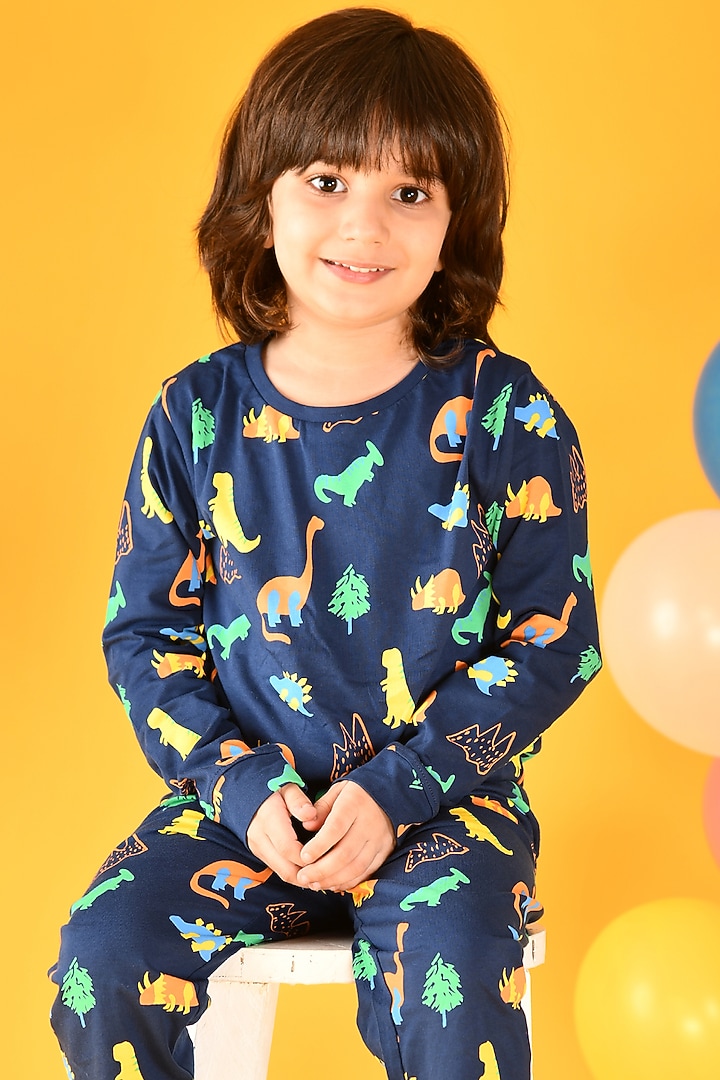 Navy Cotton Jersey Printed Night Suit Set For Boys by Anthrilo at Pernia's Pop Up Shop