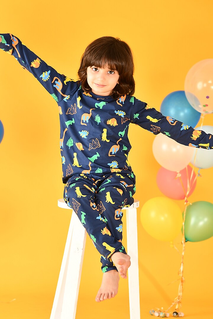 Navy Cotton Jersey Printed Night Suit Set For Boys by Anthrilo at Pernia's Pop Up Shop