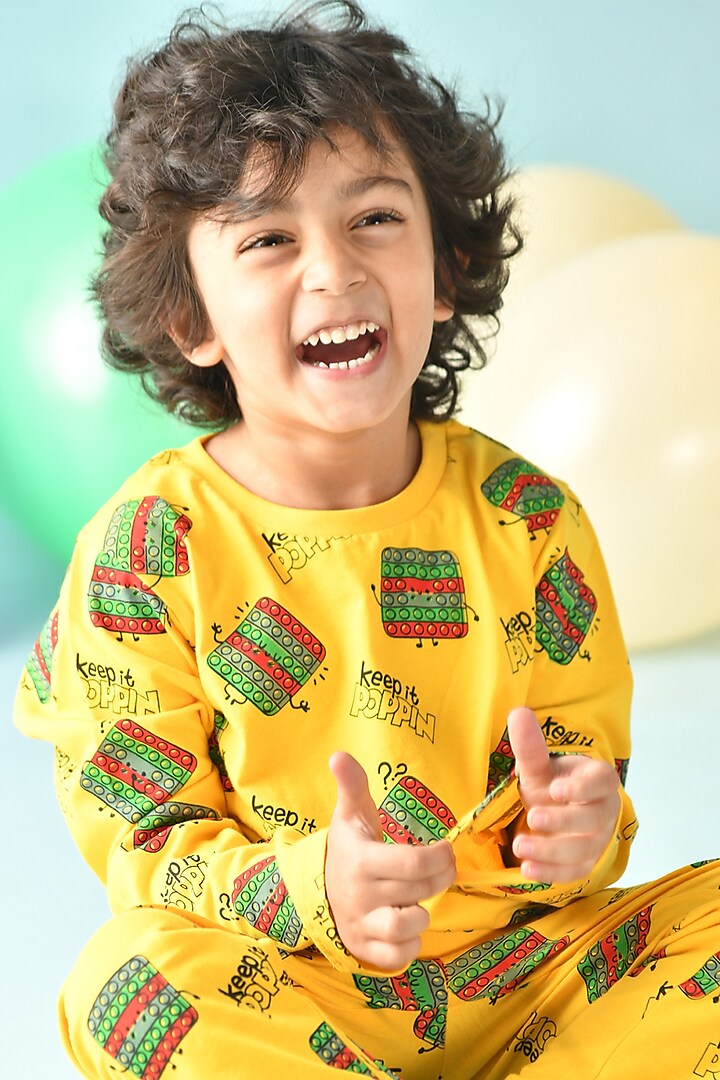 Yellow Cotton Jersey Printed Night Suit Set For Boys by Anthrilo