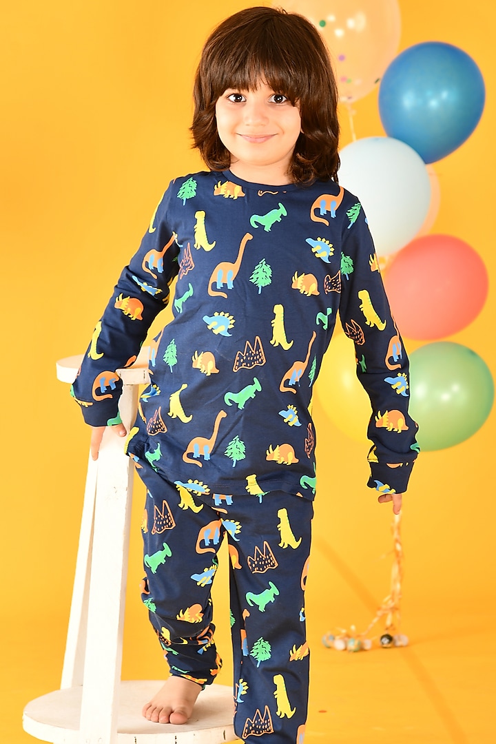 Navy Blue Printed Night Suit Set For Boys by Anthrilo at Pernia's Pop Up Shop