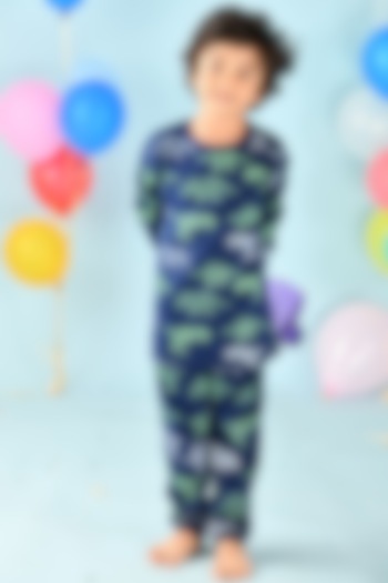 Navy Blue Printed Night Suit Set For Boys by Anthrilo at Pernia's Pop Up Shop