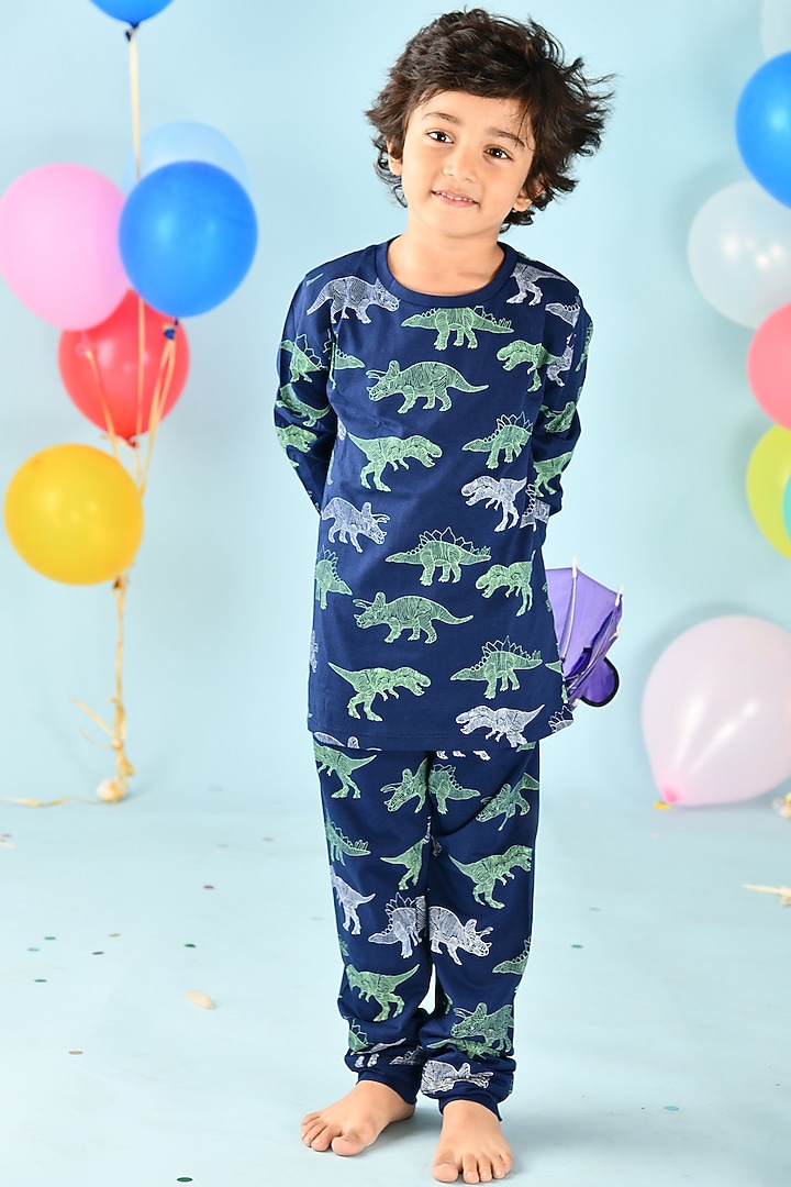 Navy Blue Printed Night Suit Set For Boys by Anthrilo at Pernia's Pop Up Shop