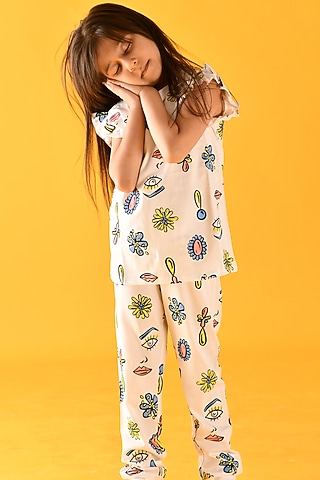 Multi-Coloured Printed Night Suit Set For Girls by Anthrilo
