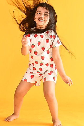 White & Red Printed Night Suit Set For Girls by Anthrilo