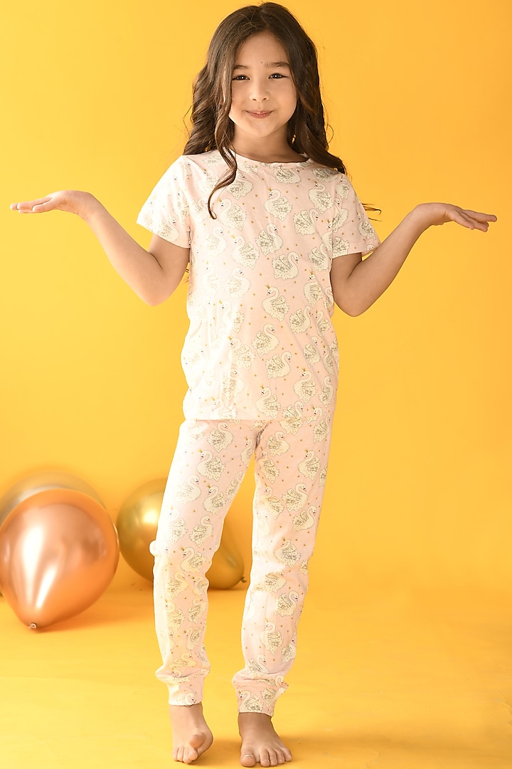 Blush Pink Printed Night Suit Set For Girls by Anthrilo