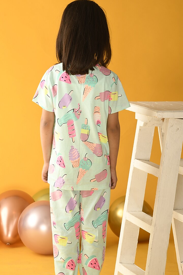 Green Printed Night Suit Set For Girls by Anthrilo at Pernia's Pop Up Shop
