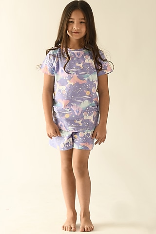 Purple Printed Night Suit Set For Girls by Anthrilo