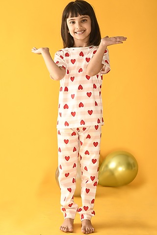 Blush Pink Printed Night Suit Set For Girls by Anthrilo