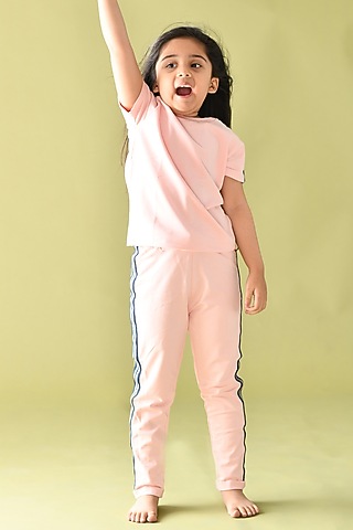 Blush Pink Printed Pant Set For Girls by Anthrilo