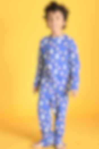 Cobalt Blue Motif Printed Pyjama Set For Boys by Anthrilo