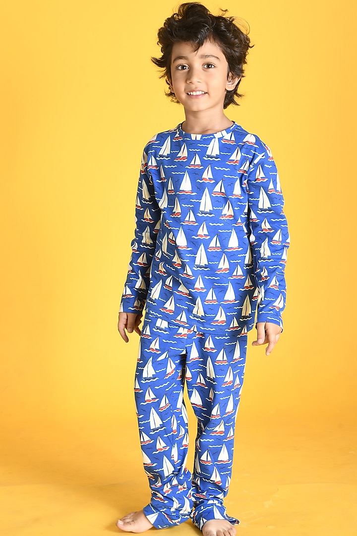 Cobalt Blue Motif Printed Pyjama Set For Boys by Anthrilo