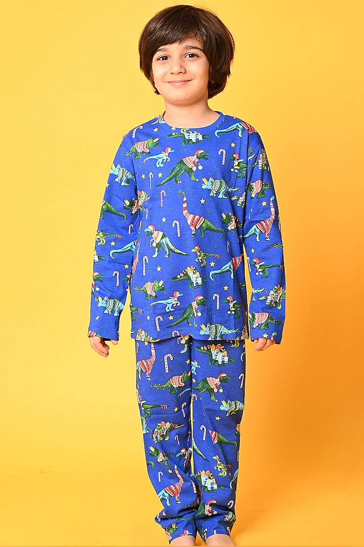 Cobalt Blue Dinosaur Motif Printed Pyjama Set For Boys by Anthrilo