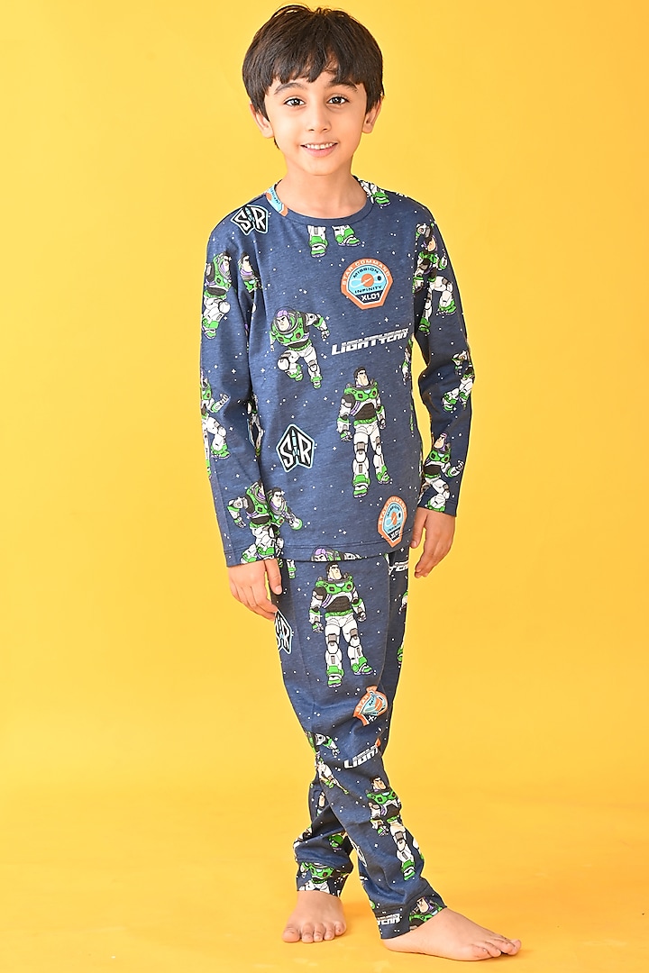 Blue Motif Printed Pyjama Set For Boys by Anthrilo