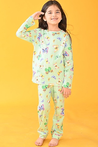 Green Cotton Printed Pyjama Set For Girls by Anthrilo