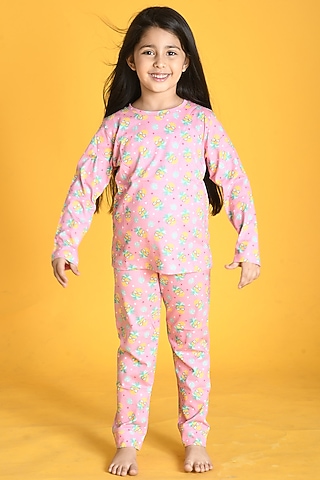 Pink Printed Pyjama Set For Girls by Anthrilo