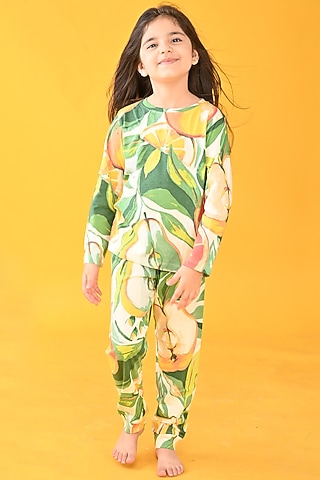 Orange Printed Pyjama Set For Girls by Anthrilo