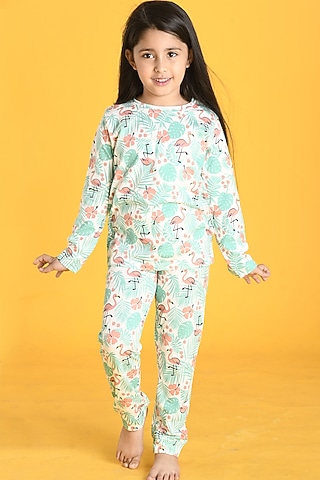 White Flamingo Motif Printed Pyjama Set For Girls by Anthrilo