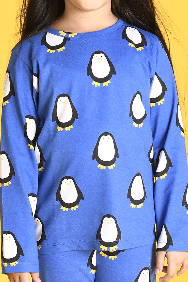 Cobalt Blue Penguin Motif Printed Pyjama Set For Girls by Anthrilo at Pernia's Pop Up Shop