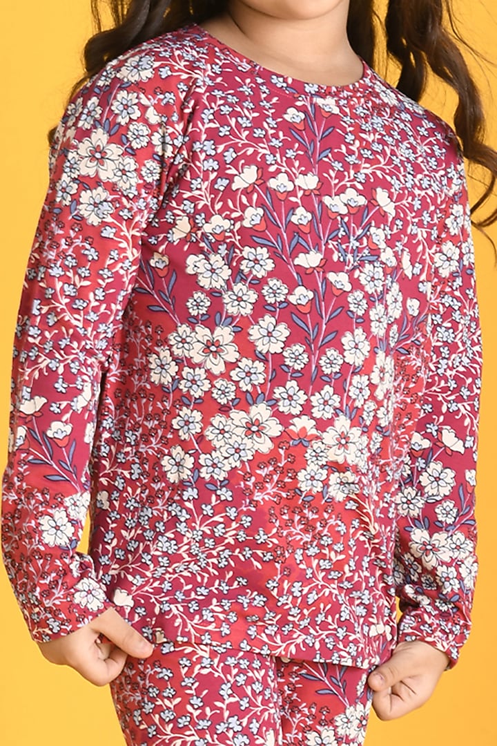 Red Floral Printed Pyjama Set For Girls by Anthrilo at Pernia's Pop Up Shop