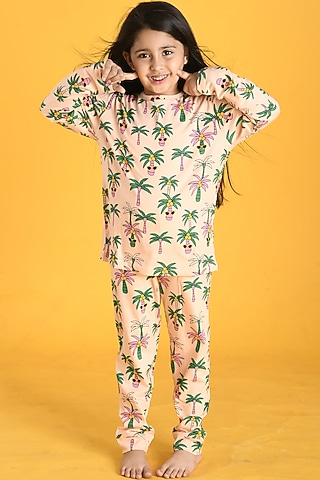 Peach Printed Pyjama Set For Girls by Anthrilo