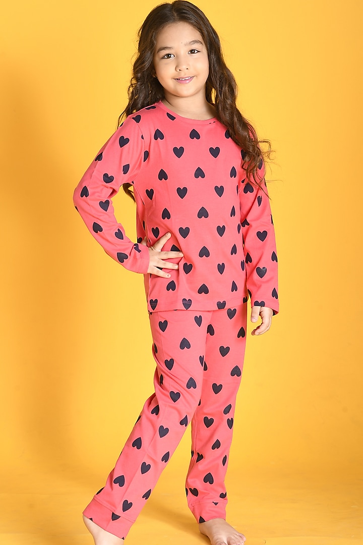 Pink Heart Printed Pyjama Set For Girls by Anthrilo