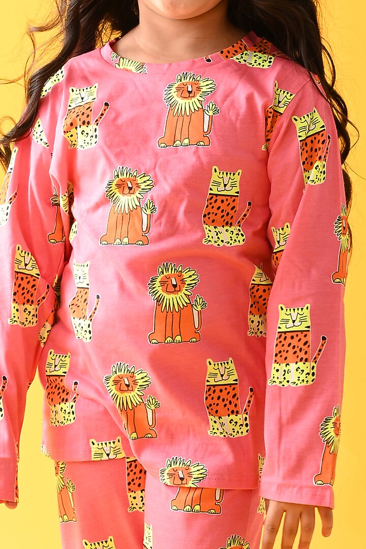Pink Wildcat Motif Printed Pyjama Set For Girls by Anthrilo at Pernia's Pop Up Shop