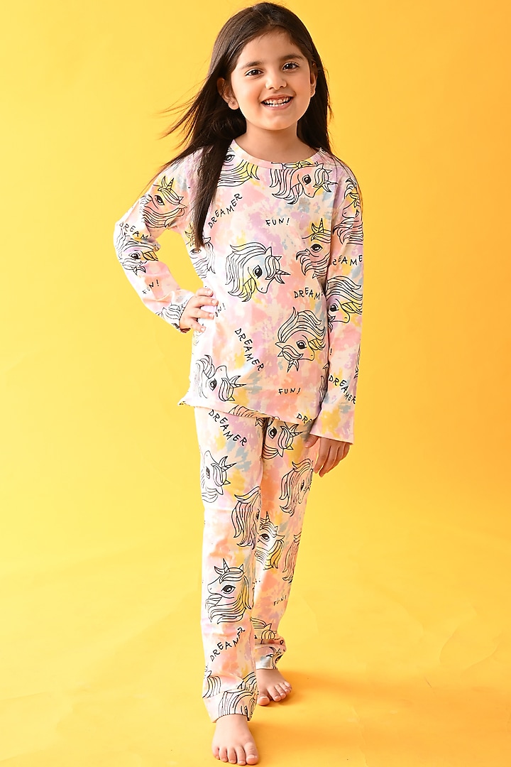 White Cotton Tie-Dyed Pyjama Set For Girls by Anthrilo