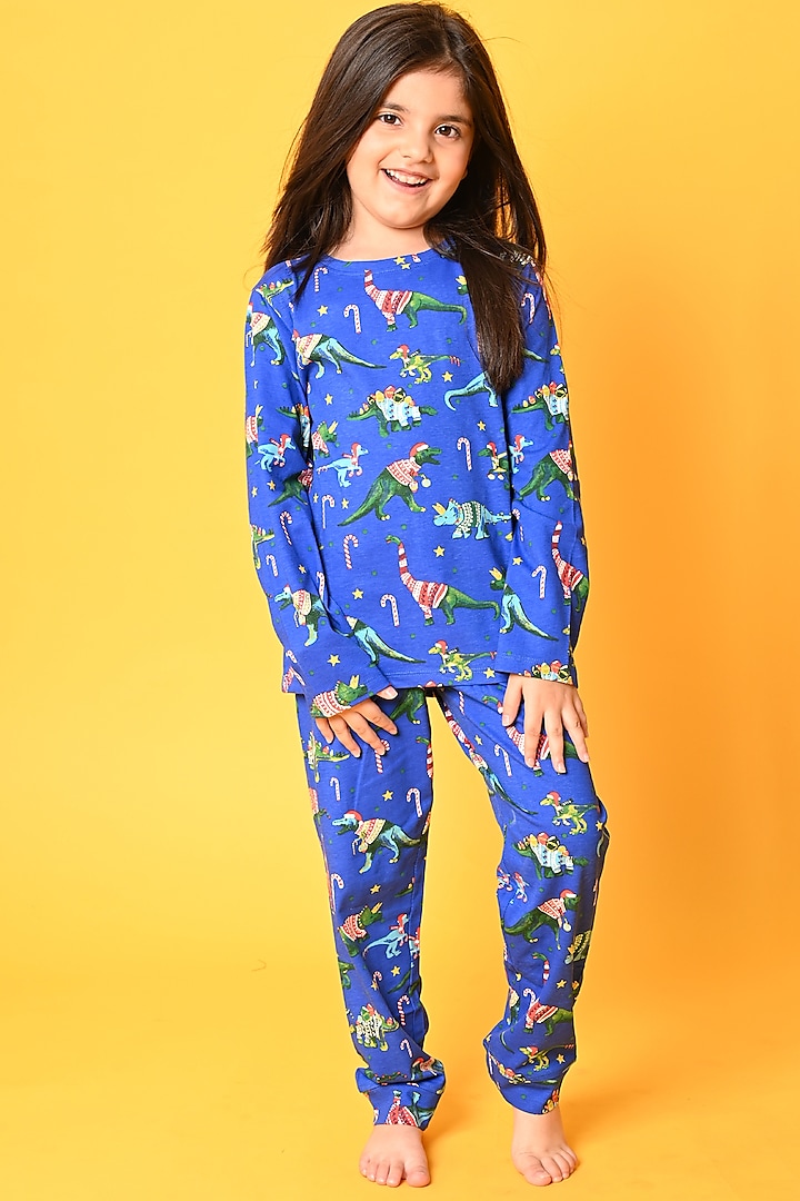 Cobalt Blue Cotton Printed Pyjama Set For Girls by Anthrilo