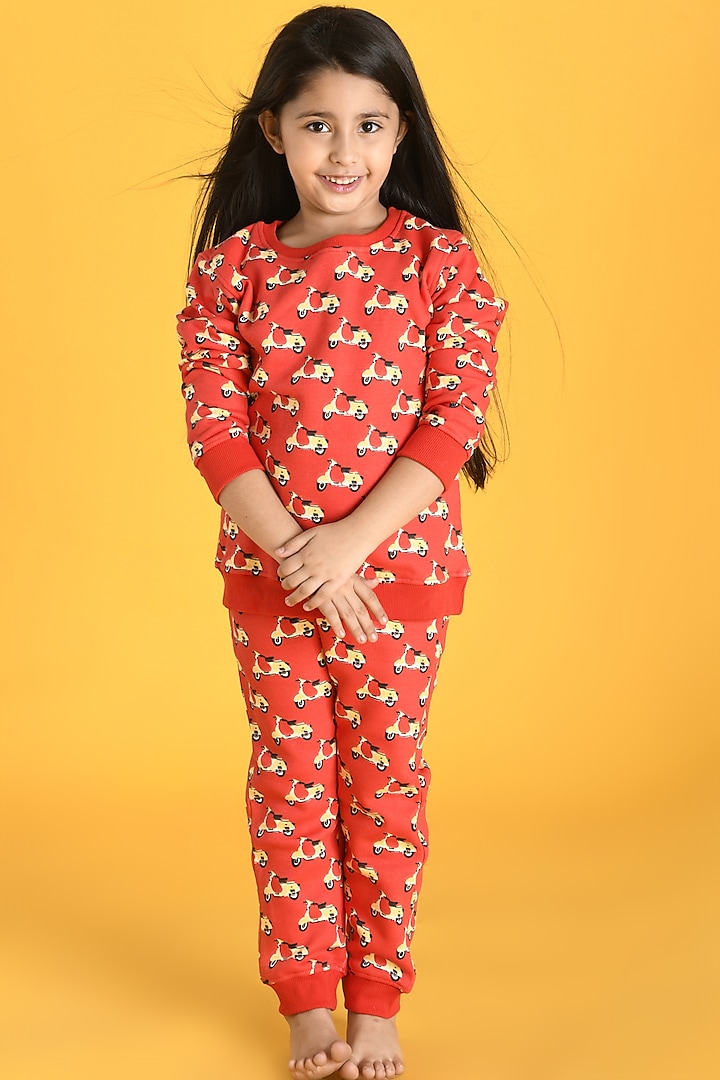 Red Printed Jogger Pant Set For Girls by Anthrilo at Pernia's Pop Up Shop