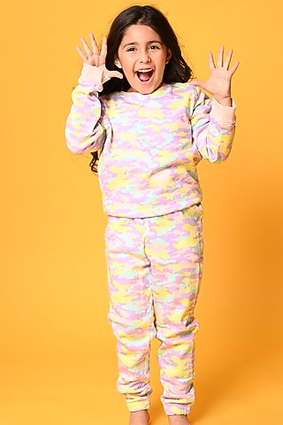 Multi-Coloured Cotton Fleece Printed Jogger Pant Set For Girls by Anthrilo