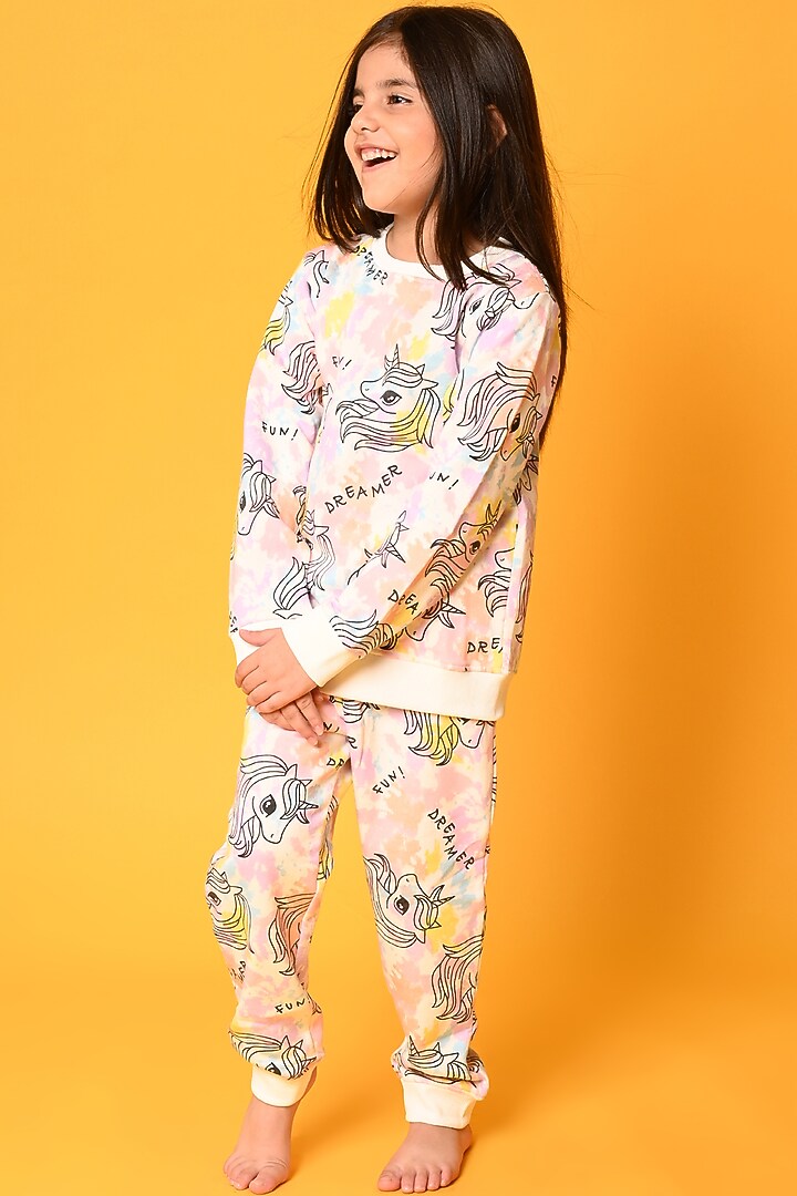 White Tie-Dye Printed Jogger Pant Set For Girls by Anthrilo at Pernia's Pop Up Shop
