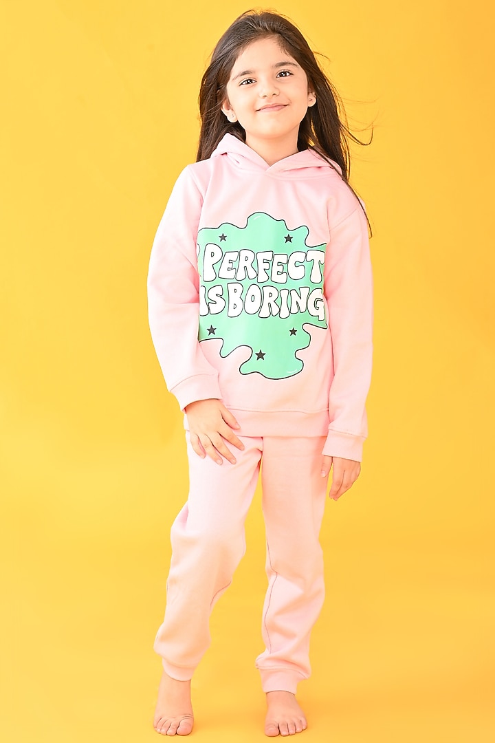 Light Pink Cotton Fleece Jogger Pant Set For Girls by Anthrilo at Pernia's Pop Up Shop