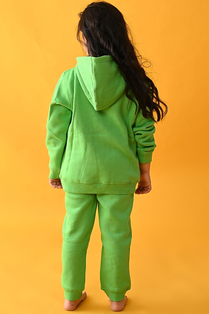 Green Cotton Fleece Jogger Pant Set For Girls by Anthrilo at Pernia's Pop Up Shop