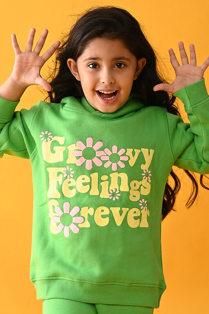 Green Cotton Fleece Jogger Pant Set For Girls by Anthrilo at Pernia's Pop Up Shop
