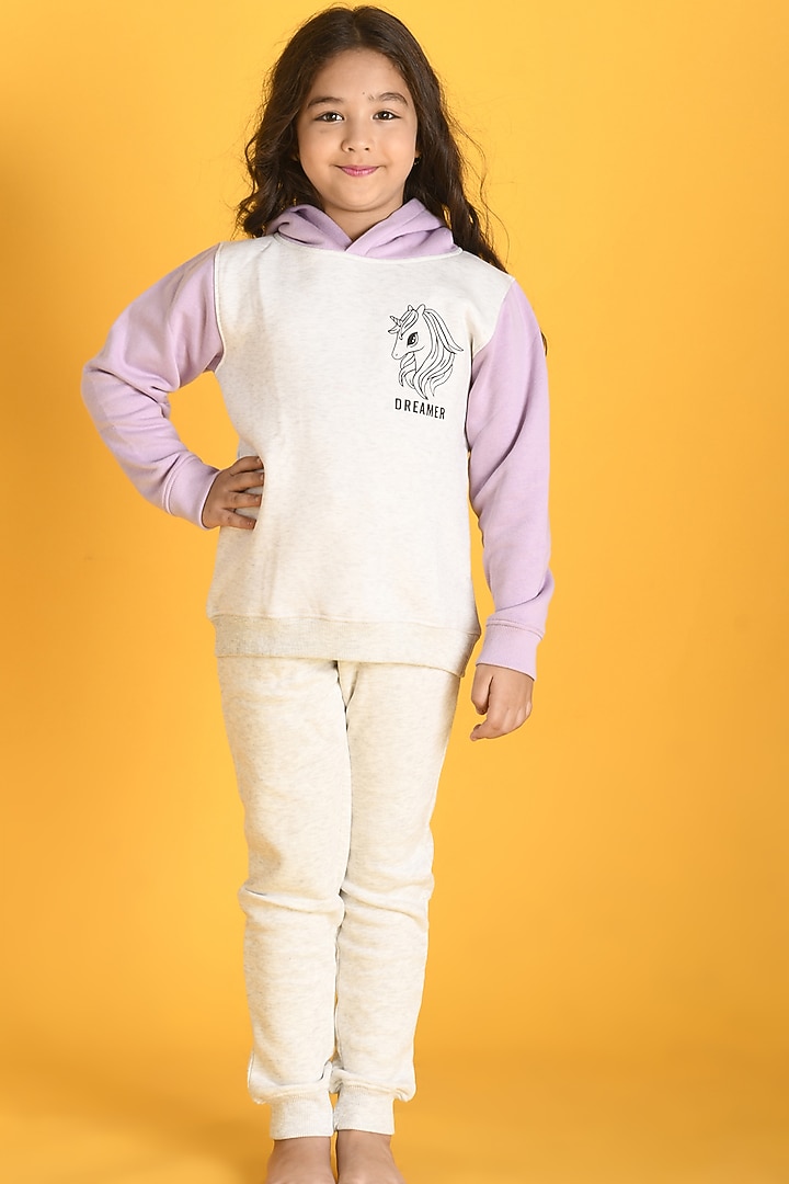 Ecru Melange Cotton Fleece Jogger Pant Set For Girls by Anthrilo at Pernia's Pop Up Shop
