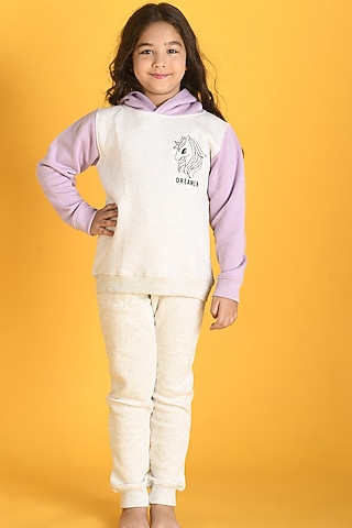 Ecru Melange Cotton Fleece Jogger Pant Set For Girls by Anthrilo