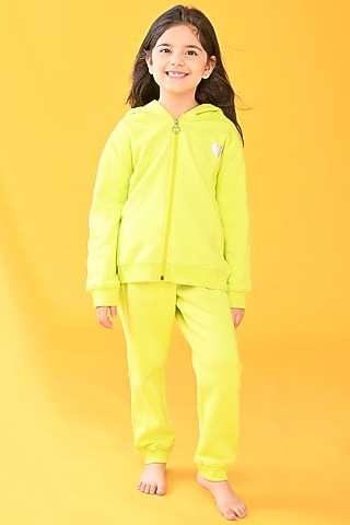 Lime Green Cotton Fleece Jogger Pant Set For Girls by Anthrilo