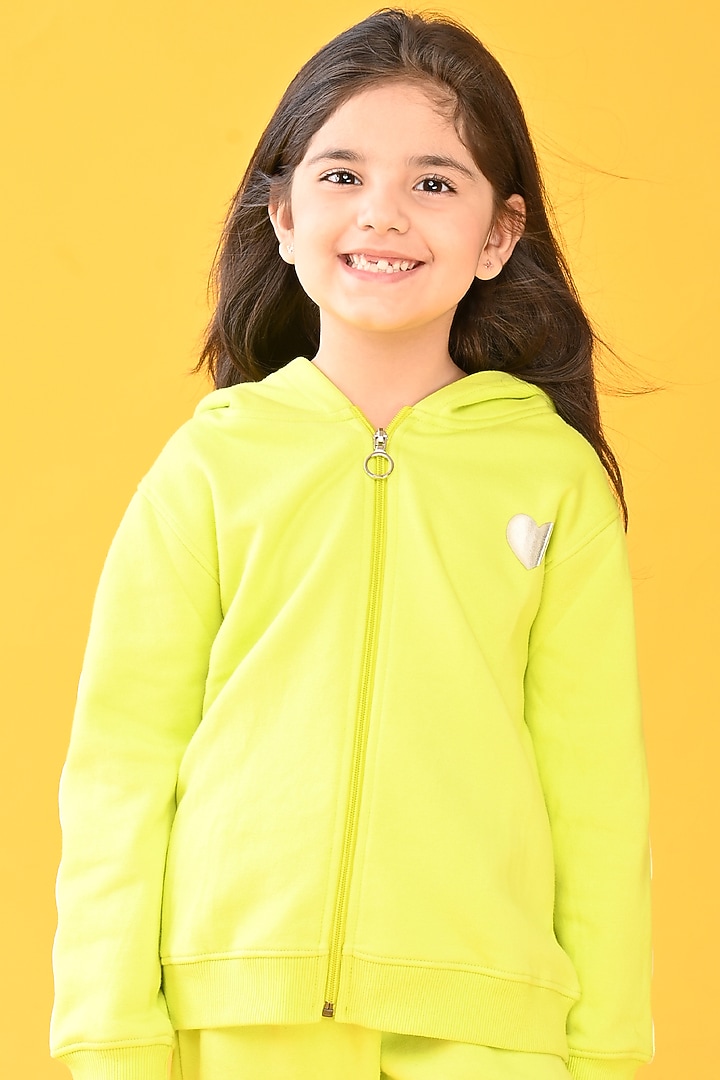 Lime Green Cotton Fleece Jogger Pant Set For Girls by Anthrilo at Pernia's Pop Up Shop