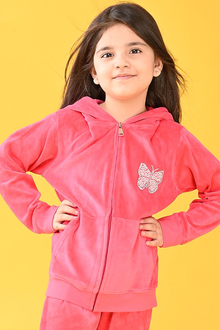 Pink Cotton Fleece Jogger Pant Set For Girls by Anthrilo at Pernia's Pop Up Shop