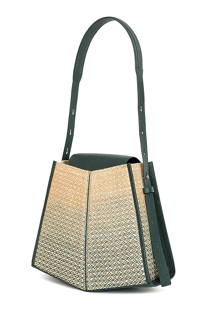 Teal Raffia & Leather Ombre-Dyed Bucket Bag by ADISEE at Pernia's Pop Up Shop