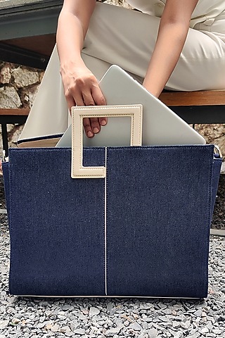 Blue Denim & Leather Tote Bag by ADISEE