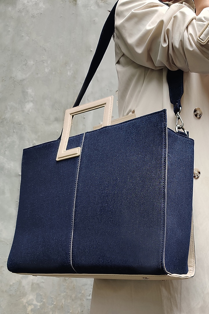 Blue Denim & Leather Tote Bag by ADISEE at Pernia's Pop Up Shop