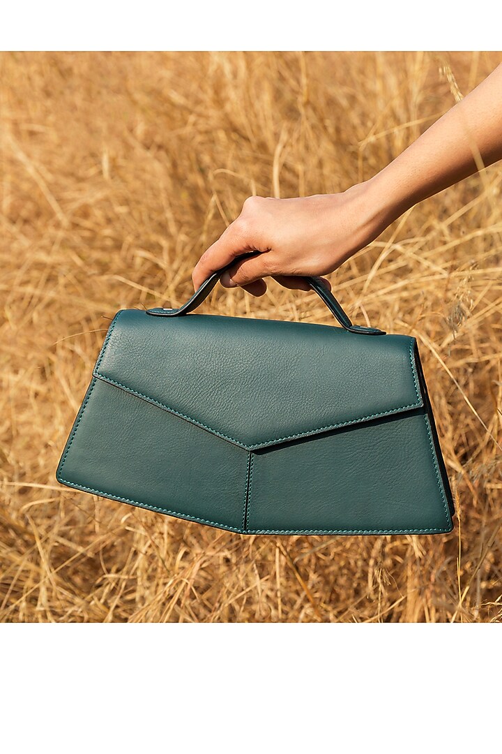 Teal Leather Structured Handbag by ADISEE at Pernia's Pop Up Shop