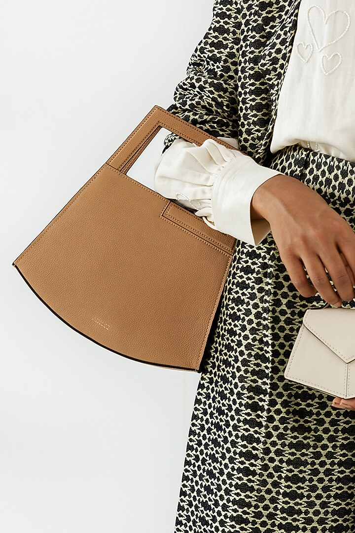 Beige Leather Geometric Handbag by ADISEE at Pernia's Pop Up Shop