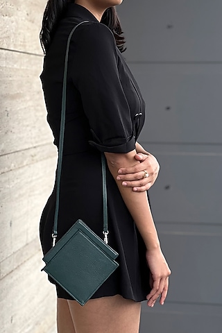 Teal Leather Handcrafted Clutch Bag by ADISEE