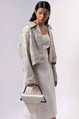 Gold Handwoven Textile & Leather Hand Bag by ADISEE