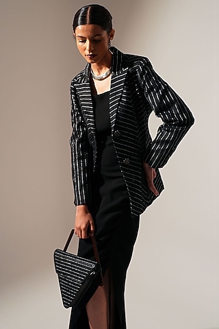 Black Handwoven Textile & Leather Hand Bag by ADISEE