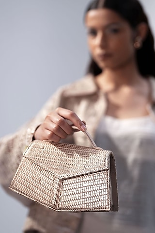 Gold Handwoven Textile & Leather Hand Bag by ADISEE