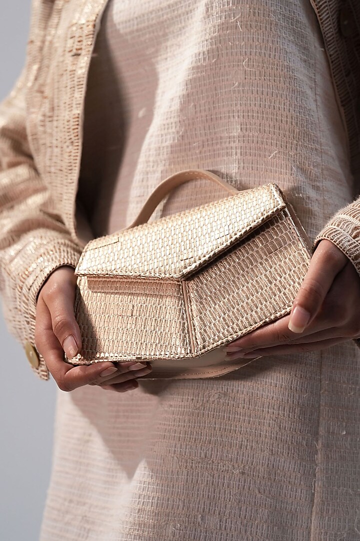 Gold Handwoven Textile & Leather Hand Bag by ADISEE at Pernia's Pop Up Shop