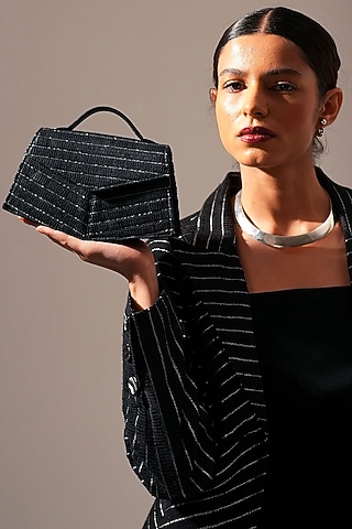 Black Handwoven Textile & Leather Hand Bag by ADISEE